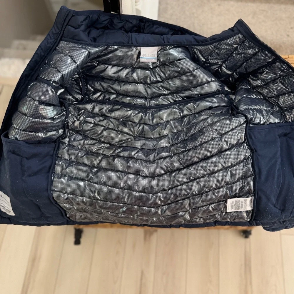 Columbia Kids Hooded Jacket Coat Navy Blue Puffer Omni-Heat Water Resistant